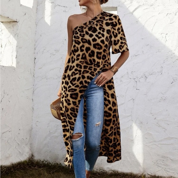One Shoulder Leopard Print Asymmetrical High Low Tunic Top Blouse Shirt - Picture 3 of 7